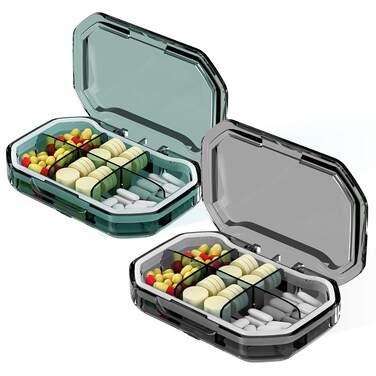 Daily Pill Organizer, Portable Pill Case, Pill Container for Purse, 2 Pack 6 Compartments Medicine Box for Travel(Green&amp;Gray)
