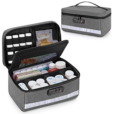 Damero Locking Pill Bottle Organizer with Inner Dividers, Medicine Storage and Organizer Bag Combination Lock for Medicine, Vitamins and Medical Supplies, Gray