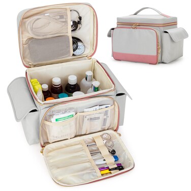 Damero Small Medicine Storage Bag Empty, Small First Aid Bag Empty Medicine Pill Bottles Storage Organizer for Home Health and Travel, Light-Gray Pink