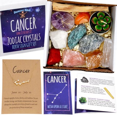 DANCING BEAR Cancer Zodiac Healing Crystals Gift Set, (14 Pc): 9 Stones, 18K Gold-Plated Constellation Necklace, Meteorite, Succulent Candle, Palo Santo Smudge Stick, and Info Guide, Made in The USA