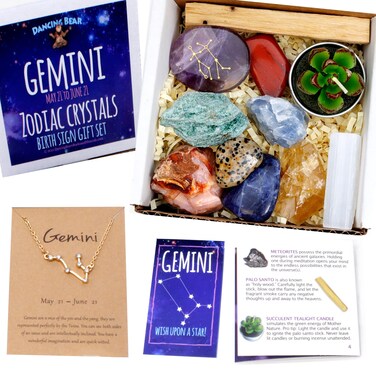 DANCING BEAR Gemini Zodiac Healing Crystals Gift Set (14 Pc): 9 Stones, 18K Gold-Plated Constellation Necklace, Meteorite, Succulent Candle, Palo Santo Smudge Stick, and Info Guide, Made in The USA