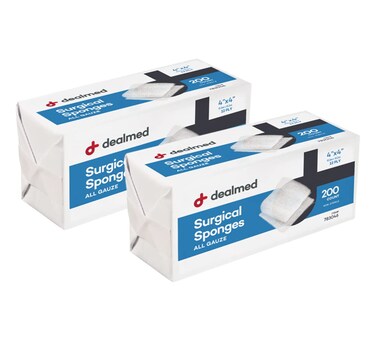 Dealmed 4" x 4" Surgical Sponges, 12-Ply, Absorbent Woven Gauze Pads, Non-Sterile Wound Care for First Aid Kit and Medical Facilities, 200 Count (Pack of 2)
