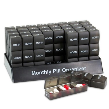 Deke Home - Monthly Pill Organizer Box. 32 Compartments, AM-PM Boxes, Daily Pill Organizer. Pillbox, Medicine Holder, Case Dispenser. Supplement, Medication, Pills, Vitamin. 3 Times a Day (Black)