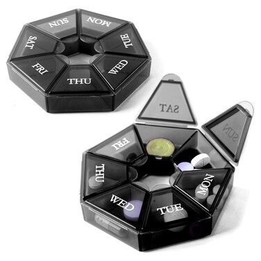 Deke Home - Small Weekly Pill Organizer, Round Pill Dispenser for Travel, Mini Pill Organizer, Compact Medicine Holder, Pill Sorters 7 Days, Portable Vitamin Container (2 Units)