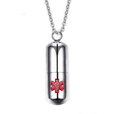 DIB Stainless Steel Medical Alert ID Pill Bottle Container Pendant Necklace for Men Women, Free Chain 20