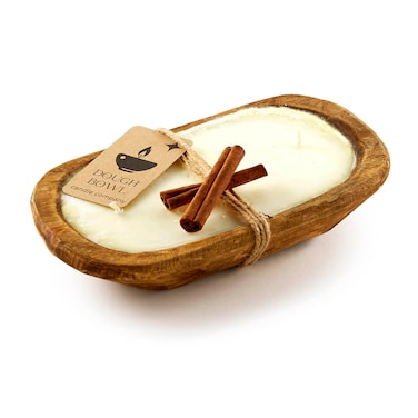 Dough Bowl Candle Co. Warm Cinnamon Buns Soy Candle - 3 Wick Rustic Farmhouse Coffee Table Decor, Odor Eliminator in Wooden Bowls, 20 Oz Wooden Dough Bowl Candle, All-Natural Gifts for Women and Men