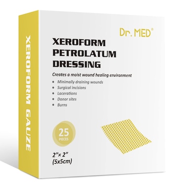 Dr.Med Xeroform Petrolatum Dressing Patch, 2"x2"-25 Pcs/Box, Non-Adherent Gauze Dressings, for Minor or Partial Thickness Burns, Lacerations, Skin Graft Recipient Sites, Newly Sutured Wounds