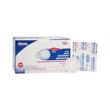 Dukal 7615 Caliber Adhesive Bandage, Sterile, Sheer, Spot 7/8" Round, Pack of 2400