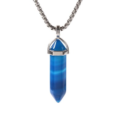 Dyed Blue Agate Gemstone Hexagonal Pointed Reiki Chakra Chain Necklace 20" High-Grade Iron Gift Box