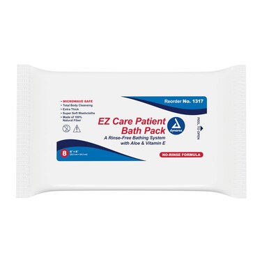 Dynarex 1317 EZ Care Patient Bath Packs, Pre-Moistened Disposable Wet Wipes, No Rinse Cleansing Washcloth with Aloe Vera &amp; Vitamin E, For Hospital &amp; Home Use, 8x8" Sheet, Pack of 192