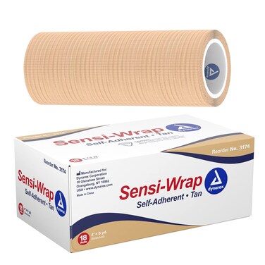 Dynarex 3174 Sensi-Wrap Self Adherent Bandage, 4" x 5 yard, Pack of 18
