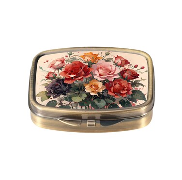 Dynippy Pill Case Pill Box with Mirror Retro Pocket 2 Compartment Medicine Case Vitamin Pill Organizer for Pocket Purse and Travel (Cute Flower)