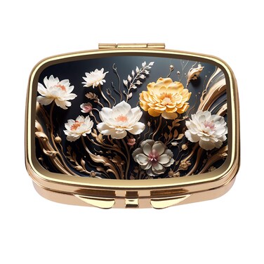Dynippy Pill Case Pill Box with Mirror Retro Pocket 2 Compartment Medicine Case Vitamin Pill Organizer for Pocket Purse and Travel (Gold- Flower 1)