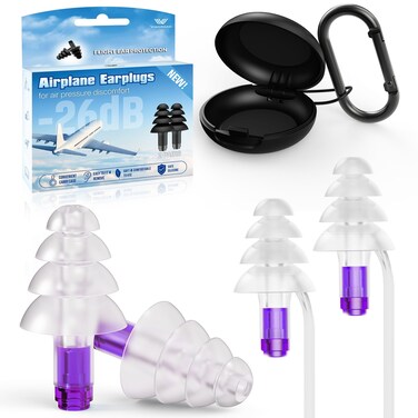 Ear Plugs for Airplane Pressure Relief, 2 Pairs Kids 6+, Adults/Small Canal Reusable Airplane Earplugs 26dB, with Silicone Connector Cord, Travel Essentials for Flying, Ear Protection Earplugs