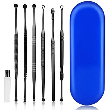 Ear Wax Removal Kit, Ear Cleaner, Ear Pick, Ear Cleaning Tool Set Stainless Steel 6 in 1 Ear Spoon Curette (with Cleaning Brush and Storage Box, Black)