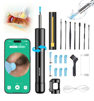 Ear Wax Removal Tool,1080P Ear Cleaner with Camera,Telescopic Otoscope with 6 Led Lights,E-3 Ear Cleaning Kit Contains 8 Ear Pick + 8 Ear Spoon Cap + 2 Metal Ear Spoons,Black