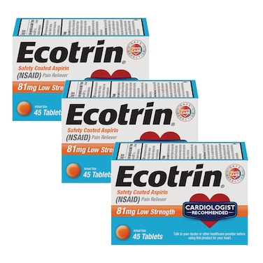 Ecotrin Low Strength Safety Coated Aspirin, NSAID 81mg, 45 count (3 Pack)