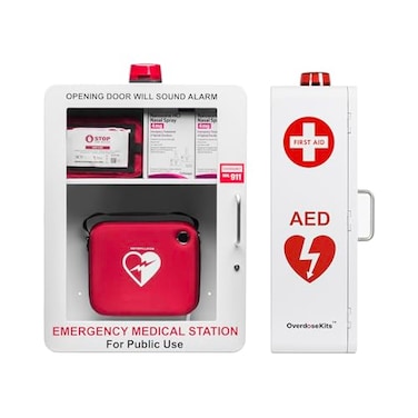 Emergency Medical Station   AED &amp; Naloxone Wall Mount Cabinet Designed to Store AED's, Naloxone, Bleeding Control Kits &amp; First Aid Kits for Public Spaces (White)