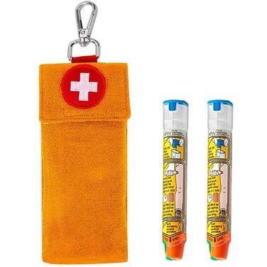 Epipen Carrier Case, 2-Pack, Orange, Cartoon Pattern, Modern Style, Zipper Closure, Cross-Body Strap, Lobster Clasp Handle, 3 Compartments, Epipen Case Holder