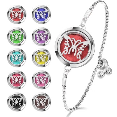Essential Oil Diffuser Bracelet Aromatherapy Locket Adjustable Bracelet Stainless Steel Butterfly Bracelet with 10 Pcs Refill Pads for Women Girls