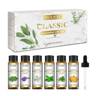 EUQEE Classic Essential Oil Set of 6 Pure Essential Oil Gift Set for Diffusers, Soap Candle Making - Lavender, Eucalyptus, Peppermint, Tea Tree, Sweet Orange, Lemongrass Aromatherapy Oils -10ml