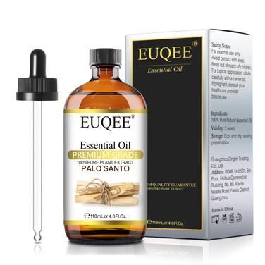 EUQEE Palo Santo Essential Oil 118mL Pure Palo Santo Oil Premium Essential Oil with Glass Dropper for Diffuser, Soap Candle Making - 4Fl. Oz