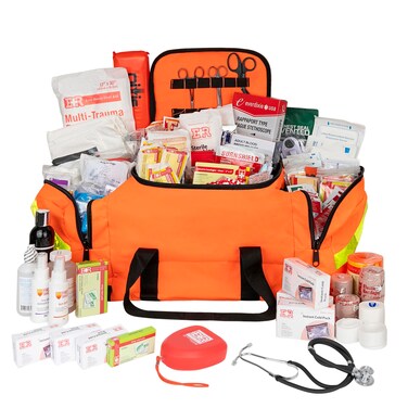 Ever Ready First Aid Filled Large Medic First Responder EMT Trauma Bag, Stocked First Aid Trauma Kit (Orange)