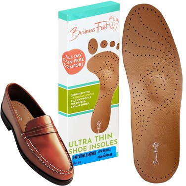 Executive Leather Ultra Thin Shoe Insoles Men &amp; Shoe Inserts for Women. Cow Leather Arch Support Insoles That Don't Crowd Toe Box. Best Shoe Insoles for Dress Shoes Orthotic Inserts Foam Heel Pads XLL