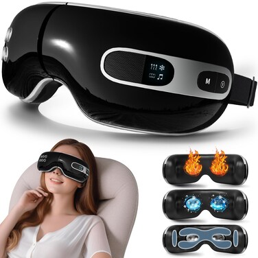 Eye Massager with Heat and Cooling for Migraines Dry Eyes, Heated Eye Massager Mask with Music Reduce Eye Strains Dark Circles and Puffiness,Improve Sleeping Gift for Woman (Black)