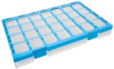 EZY DOSE Weekly AM/PM (7-Day) Pill Case, Medicine Planner, Vitamin Organizer, Large Easy Fill Compartments, 4 Times a Day, Clear Lids, Blue, BPA Free