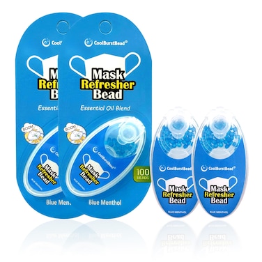Face Mask Refresher, Long-Lasting &amp; Strong Refreshing Fragrance, with Natural Essential Oils from Herbs and Plants (100 beads/pack), Pack of 4, Blue Menthol
