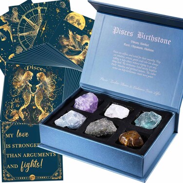 Faivykyd Crystals Pisces Gifts for Women, 50 Daily Affirmation Cards &amp; 6 Natural Healing Crystals, Unique Birthday Gifts, Inspirational Spiritual Zodiac Gifts