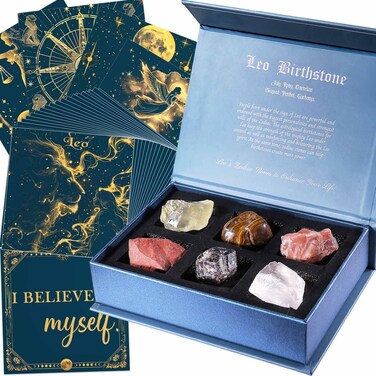 Faivykyd Leo Birthday Crystals Gifts - w/50 Daily Affirmations Cards and 6 Healing Crystals Natural Stones, Positive Affirmations with Inspirational Quotes, Spiritual Gifts for Women