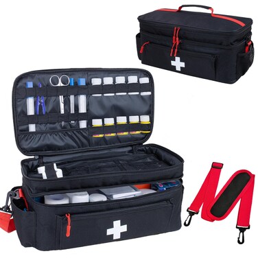 First Aid Bag Empty Large Medical Bag with Shoulder Strap Medicine Organizer Box Travel First Aid kit Emergency Supplies Storage Bag for Car, Home, Office, Outdoor, Camping, Hiking (Black)