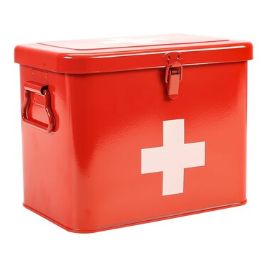First Aid Kit, First Aid Medicine Supplies Bin - 2-Tier Metal Medicine Storage Tin, Samll First Aid Box with Removable Tray for Home &amp; Workplace Emergency Tool Set - Red