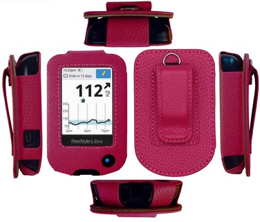Fitted Leather Case W/Screen Protector (Includes Carabiner &amp; Lanyard) for Freestyle Libre,Freestyle Libre 2, Freestyle Libre 14 Day,Freestyle Libre HD (Hot Pink)