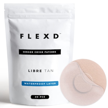 Flexd - Freestyle Waterproof Sensor Covers for Libre 2 &amp; 3 - (30 Pcs) - Libre 3 Sensor Covers - CGM Adhesive Patches - Without Adhesive in The Center - (Round - 2 Layers - Tan)