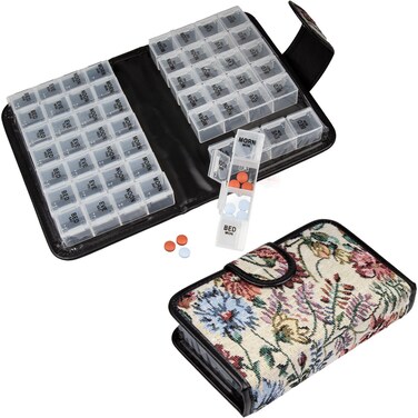 Floral Pill Case Box, 14 Day Pill Holder Pill Container &amp; Medication Organizer, Travel Case - 4 Marked Compartments for Each Day of The Week - Morn, Noon, Eve, Bed