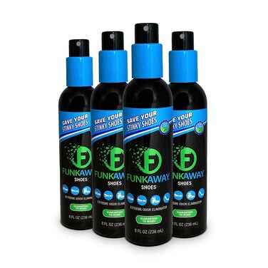 FunkAway Odor Eliminating Spray for Shoes, Skates, Work Boots &amp; More, 8 oz., 4 Pack, Extreme Odor Eliminator, Perfect for Stinky Stuff You Can't Put in the Wash