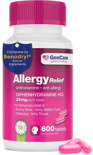 GenCare - Allergy Relief Medicine   Antihistamine Diphenhydramine 25mg (600 Tablets Per Bottle) Value Pack   Relieve for Itchy Eyes, Sneezing, Runny Nose   Seasonal or Indoor &amp; Outdoor Allergies