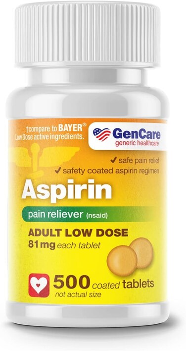 GenCare - Low Dose Aspirin 81mg for Adults Coated (NSAID) 500 Tablets   Adult Low Dose   Enteric Coated Aspirin Pills   Muscle Pain &amp; Menstrual Pain Relief   Fever Reducer   Generic Bayer