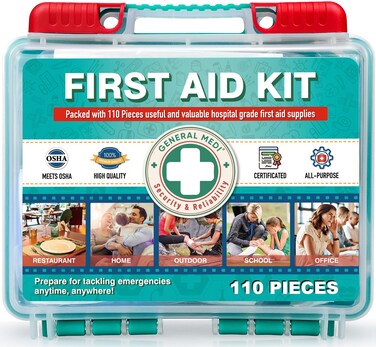 General Medi 110 Pieces Small First Aid Kit - HardCase First Aid Box - Contains Premium Medical Supplies for Travel, Home, Office, Vehicle, Camping, Workplace &amp; Outdoor