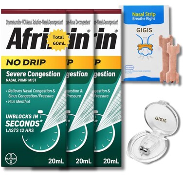 GIGIS No-Drip Severe Congestion 12 Hour Nasal Spray, 3x20mL Bundle Anti-Snoring Nose Clip &amp; Nasal Strip (3 Items)
