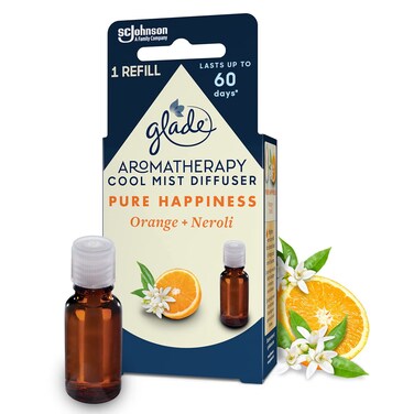 Glade Aromatherapy Essential Oil Diffuser Refill, Cool Mist Aromatherapy Diffuser &amp; Air Freshener for Home, Pure Happiness with Orange &amp; Neroli Scent, 17.4 ml