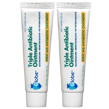 Globe Triple Antibiotic First Aid Ointment, 1 oz (2-Pack) First Aid Antibiotic Ointment, 24-Hour Infection Protection, Wound Care Treatment for Minor Scrapes, Burns and Cuts