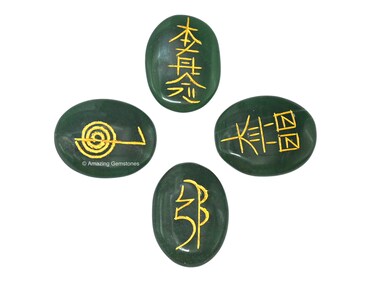 Green Aventurine Crystal Reiki Stones with Engraved Symbols for Usui Reiki Healing, Set of 4 Pcs (Indian Handmade Reiki Gift Set)