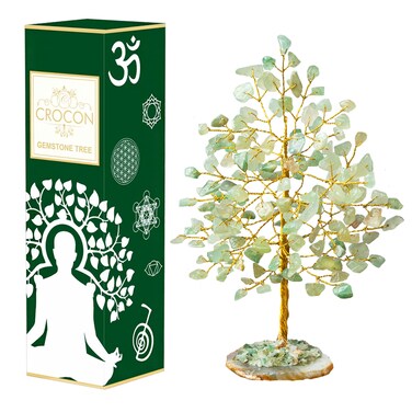 Green Jade Gemstone Tree of Life - Geode Agate Slice Base, Crystal Tree for Positive Energy, Feng Shui Decor - Chakra Tree, Good Luck Money Bonsai, Healing Stones, Gem Tree, Spiritual Mystical Gift