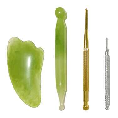 Gua Sha Facial Tool, 4PCS Manual Acupuncture Pen Self Massage Gua Sha Scraping Board, Gold Massage Pen, Silver Stainless Steel Ear Point Acupuncture Pen