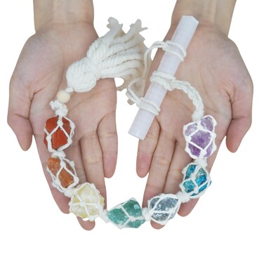 Handmade 7 Chakra Boho Crystals and Healing Stones with Selenite Wand and Tassle for Healing, Energy Balance, Feng Shui Garden and Wall Decor, Meditation Accessories and Reiki Gifts for Women