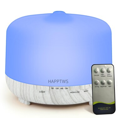HAPPTWS 500ml Essential Oil Diffuser - Cold Mist humidifier with 4 timers and 7 Color Settings, no Water auto Shut Off, with Remote Control, Suitable for Room/Yoga Room/Office (White)